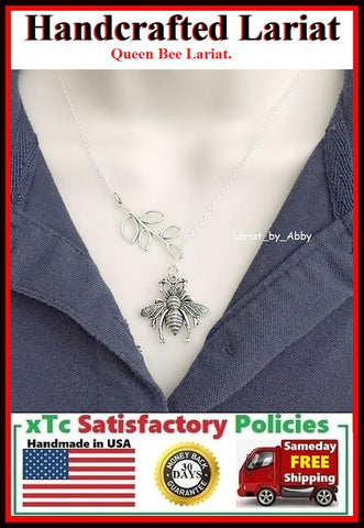 Large Queen Bee Silver Charm "Y" Lariat Necklace.