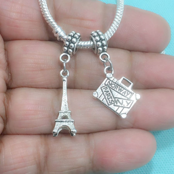 GOING to PARIS : Eiffel Tower and Suitcase Charms Fit Beaded Bracelet