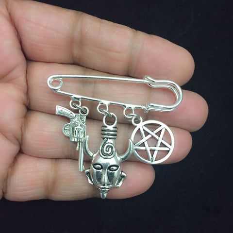 Easy on/off Brooch with Samulet & Pentagram Charms.