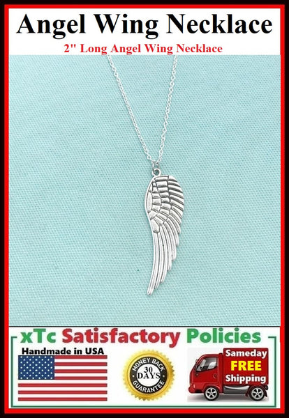 Handcrafted Beautiful Silver 2" ANGEL WING Charm Necklace.