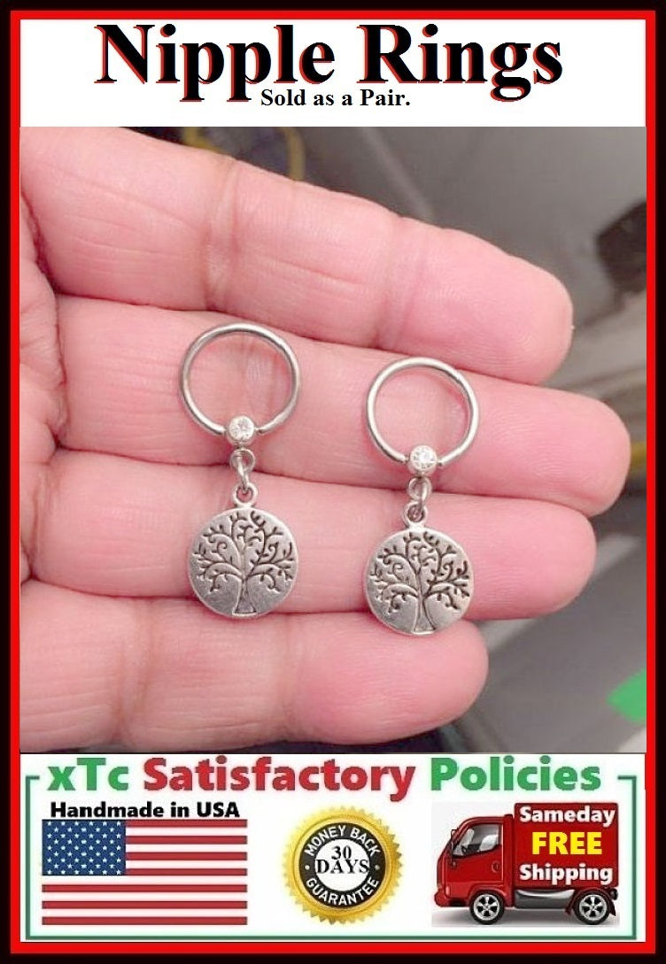 PAIR Sterilized Surgical Steel 1/2" Nipple Rings with Tree of Life.