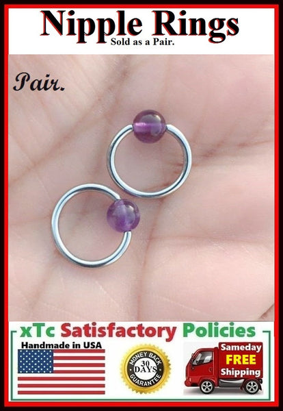 PAIR Sterilized Surgical Steel 1/2" Nipple Rings with Amethyst Balls.