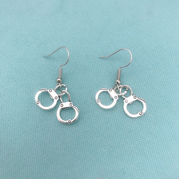 Plain Police Handcuff Charm Silver Dangle Earrings.