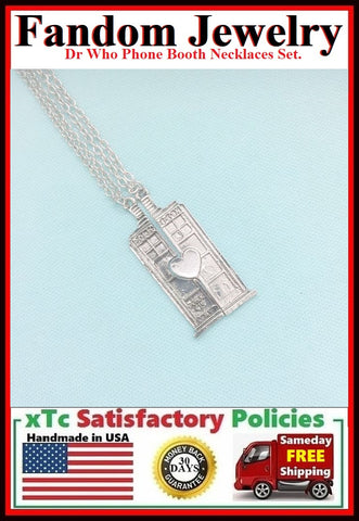 DR. Who Phone Booth Charm Silver Necklaces Set.