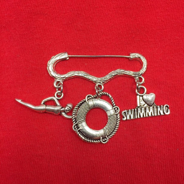 Easy on/off Brooch with Swimmer, Life Ring and Love Swimming Charms.