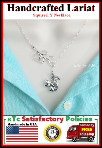 Beautiful Branch & Squirrel Handcrafted Necklace Lariat Style.