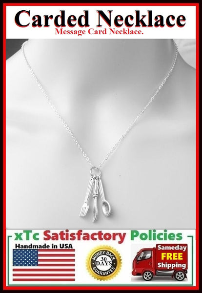 Handcrafted Cook or Chef 3 Silverware Silver Charms Necklace.