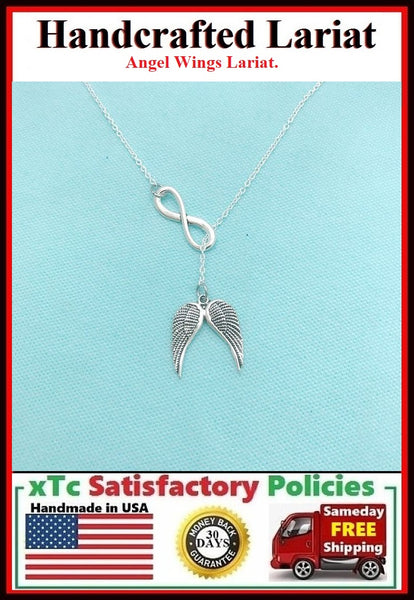 Beautiful Angel Wings & Infinity Silver Charm "Y" Lariat Necklace.