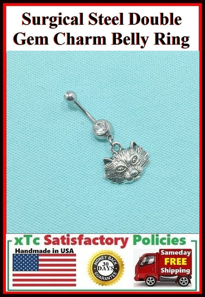 Surgical Steel Double Gems Belly Ring with Wolf Charm.
