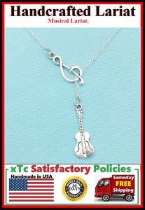 Treble Clef & Guitar Silver Handcrafted Necklace Lariat Style.
