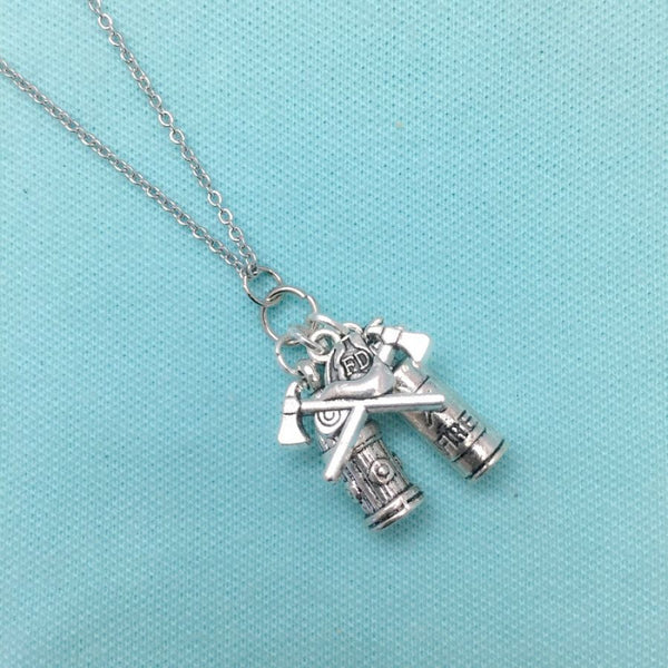 Firefighter Axes n Helmet, Fire Hydrant & Fire Extinguisher Silver Chain Necklace