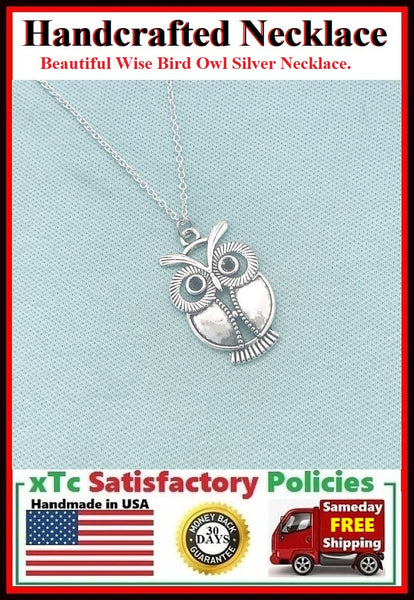 Handcrafted Beautiful Silver Wise Bird Owl Charm Necklace.