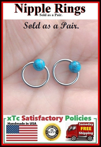 PAIR Sterilized Surgical Steel 1/2" Nipple Rings with Turquoise Balls.