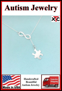 AUTISM Awareness Solid Silver Puzzle Piece Charm Lariat Necklace.