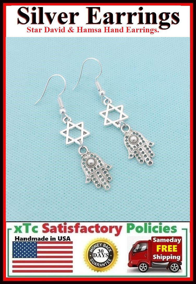 DIVINE PROTECTION HAMSA HAND & STAR Silver Charms Dangle ZEN Earrings.