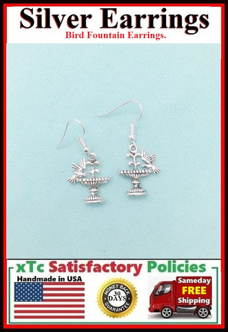 Beautiful BIRD FOUNTAIN Silver Dangle Earrings.