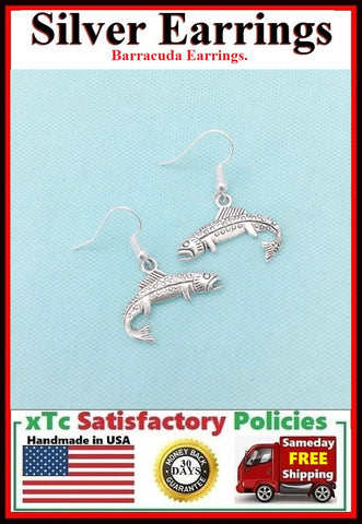 Beautiful BARRACUDA FISH Silver Dangle Earrings.