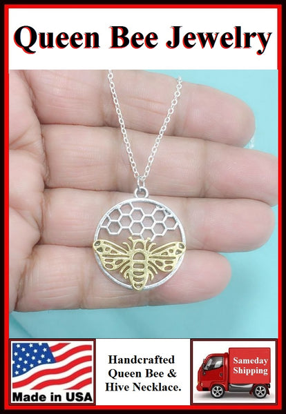 Queen Bee and Bee Hive Handcrafted Necklace.