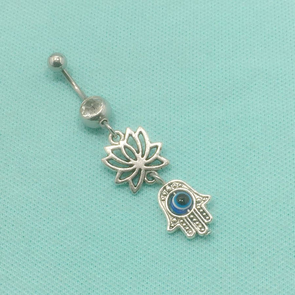 Sterilized LOTUS and HAMSA HAND Charms Surgical Steel Belly Ring