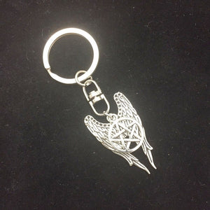 Silver Large Angel wings with Pentagram Charm Key Ring.