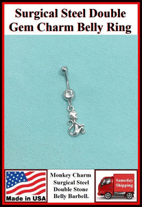 MONKEY CURLED TAIL Silver Charm Surgical Steel Belly Ring.