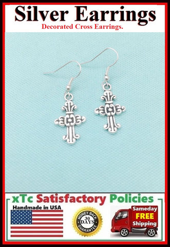 Beautiful Decorated CROSS Silver Dangle Earrings.