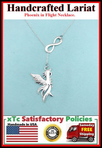 Phoenix in Flight Silver Charm Necklace Lariat Style.