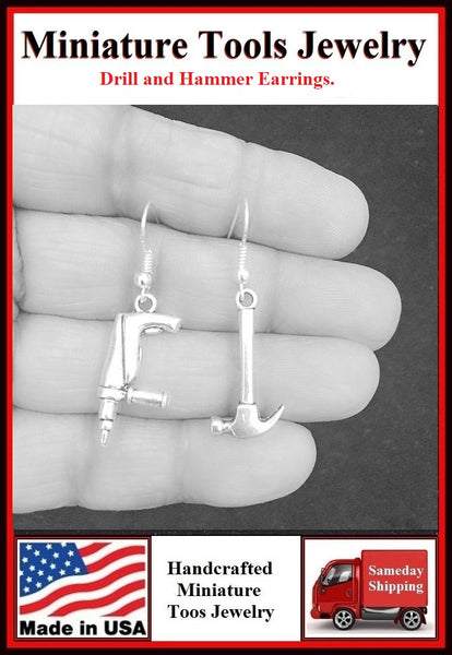 Hammer and Drill Tools Mismatch Earrings.