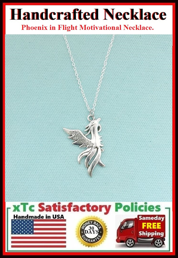 Handcrafted Phoenix in Flight Motivational Charm Necklace.