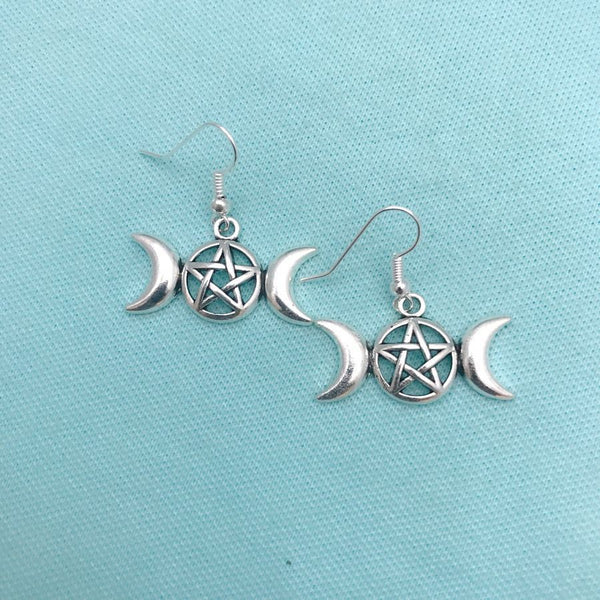 Triple Moon Goddess Pentacle Pendant Dangle Silver Earrings.