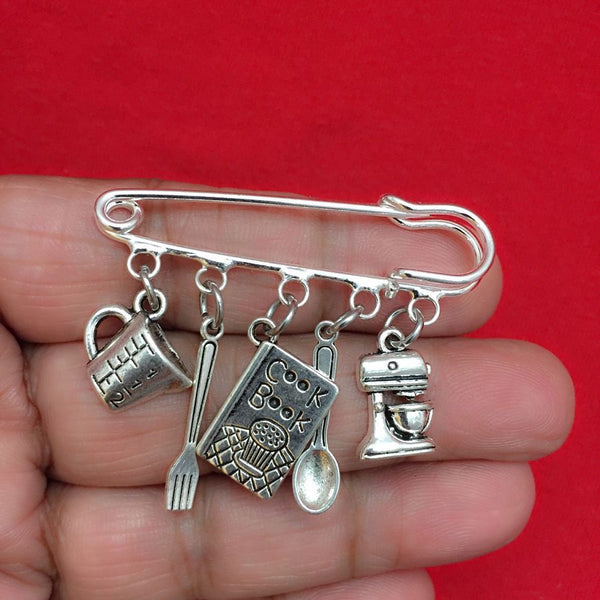 Easy on/off Brooch with 5 Cooking related Silver Charms, Chef, Cook Gift.