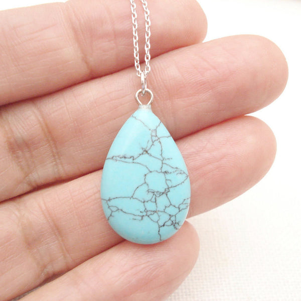 Natural Turquoise Teardrop Charm 28" Long Necklace.
