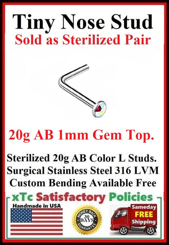 Pair Sterilized TINY 1mm AB Gem Custom Size "L" Nose Studs.