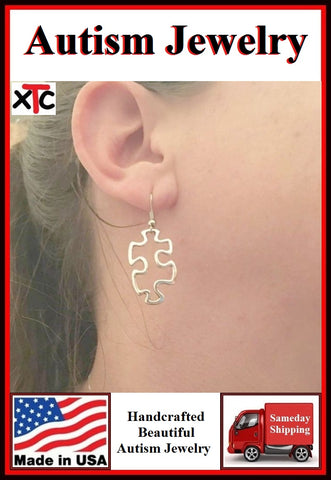 AUTISM Awareness Silver Hallow Puzzle Piece Charm Dangle Earrings