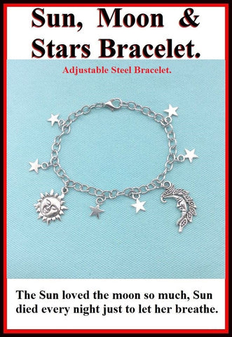 Adjustable Steel Sun, Moon & Stars Silver Charms Bracelet.
