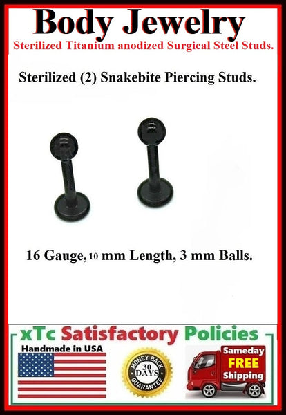 PAIR Sterilized Black anodized Surgical Steel 16g, 10mm  Studs.