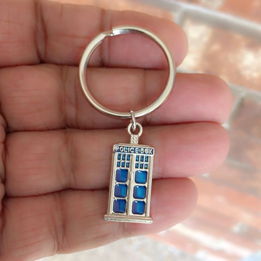 Dr Who Inspiration: Silver Tardis Phone Box Charm Key Ring.