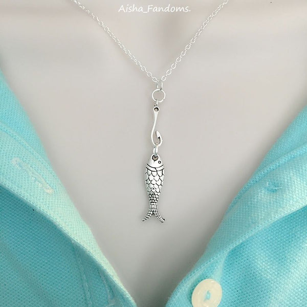 "HOOKED ON YOU" Lover Silver FISH & HOOK Charms Necklace.