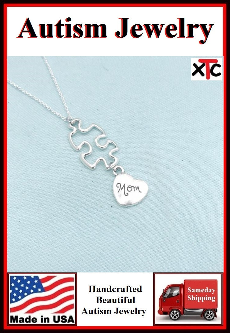 Autism Awareness Puzzle Piece with Mom Silver Necklace.