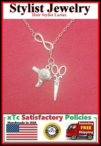 Hair Stylist Handcraft Scissors & Dryer Charms Lariat Necklace.