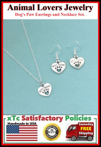 Dog's Paw Print Heart Charm Silver Necklace with Earrings Set.
