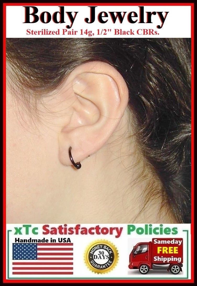 (2 Pcs Lot) Sterilized BLACK 14g 12mm, 5mm balls Ear Lobe Piercing Rings.