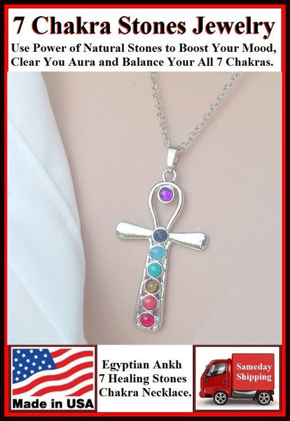 7 Chakra Stones on ANKH CHARM with 18" & 24" Necklace.