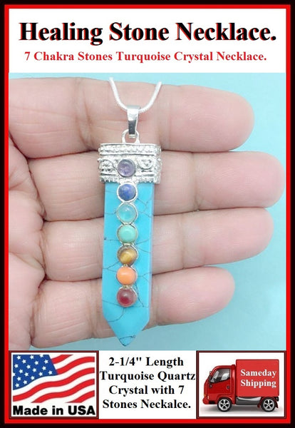 Turquoise 2-1/4" Crystal 7 Chakra Stones Necklace to Boost Healing.