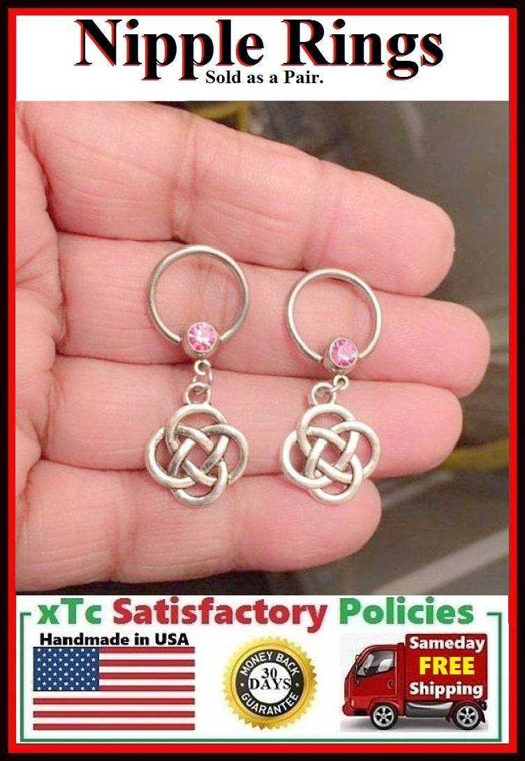 PAIR Sterilized Surgical Steel 1/2" Nipple Rings with Celtic Knots.