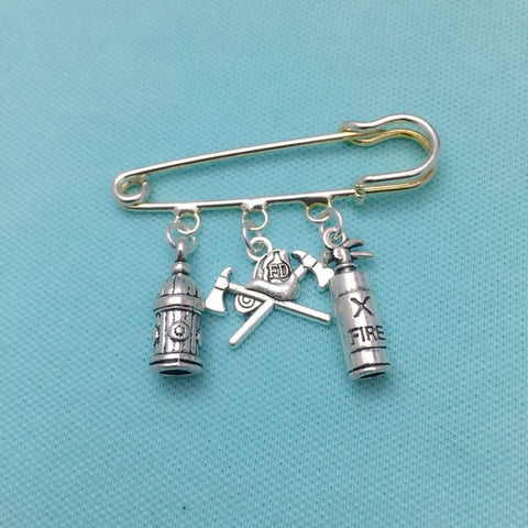 Firefighter Theme Silver 3 Charms easy on/off Brooch.