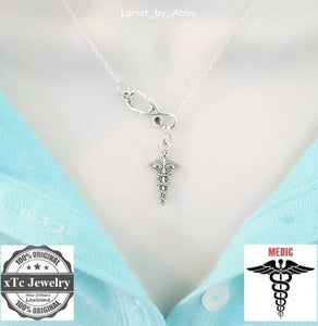 Stethoscope and Caduceus Silver Lariat Necklace.