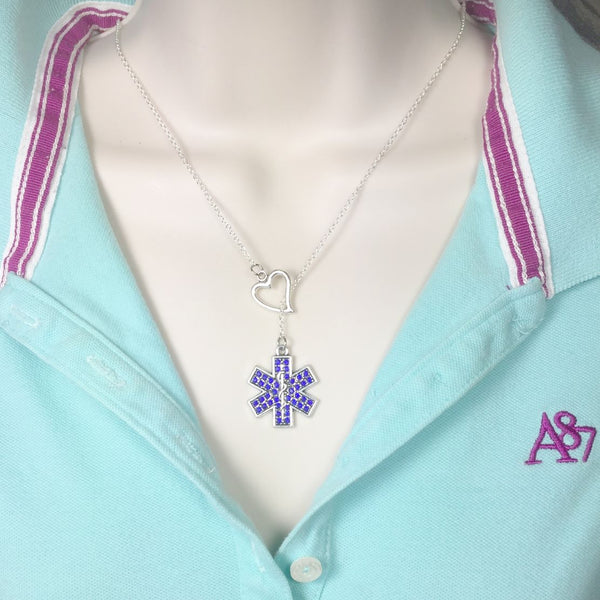 EMT, EMS, Star of Life Charm with Gem Y Necklace Lariat Style.