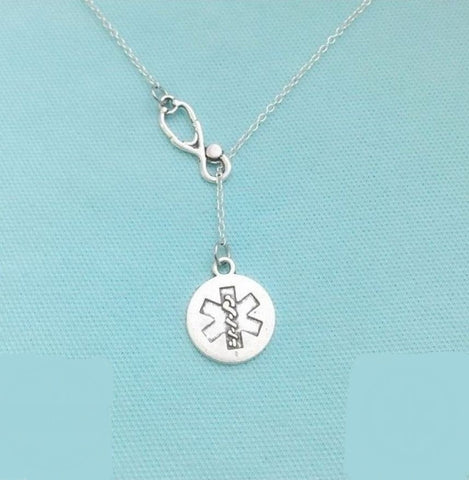 Stethoscope and Star of Life Silver Lariat Necklace.