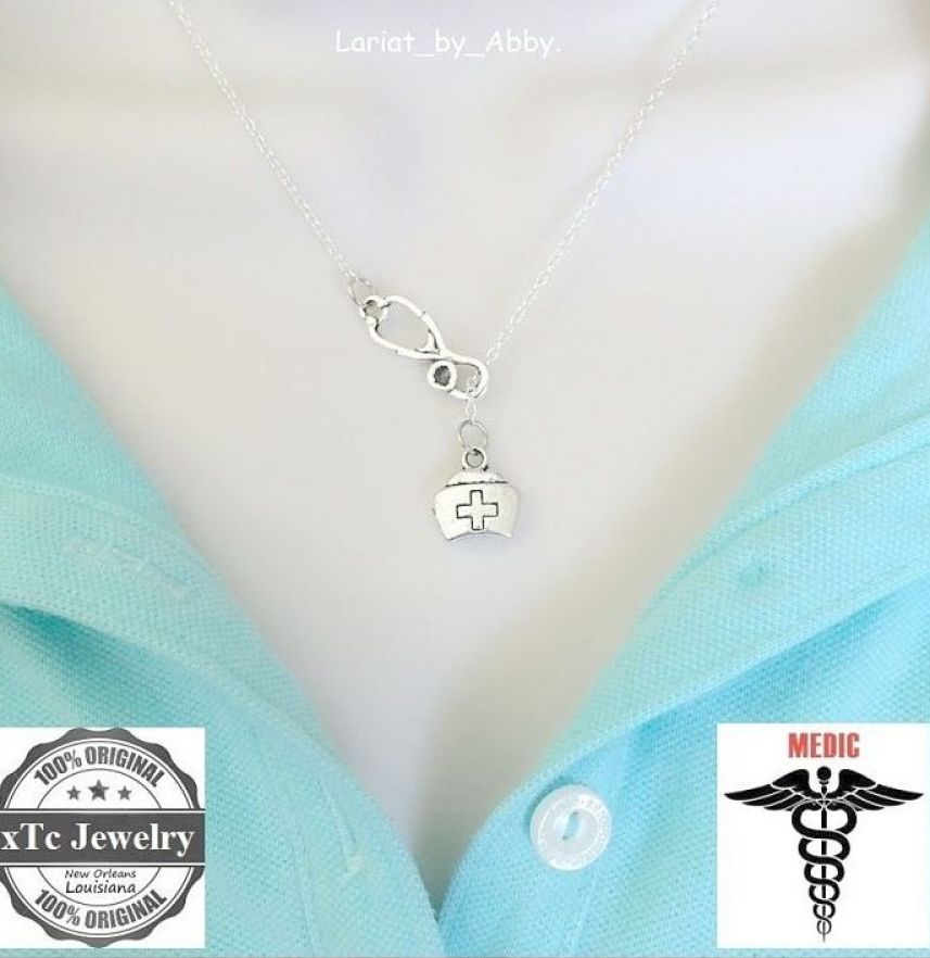 Stethoscope and Nurse Hat Silver Lariat Necklace.